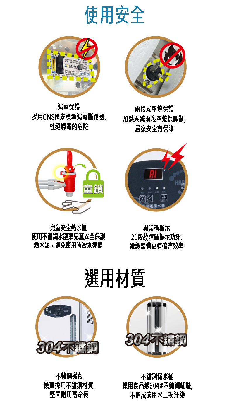 AW-60GB開水機使用安全有漏電保護、兩段式空燒保護、兒童安全熱水鎖、異常碼顯示，選用304不鏽鋼材質機殼及儲水桶