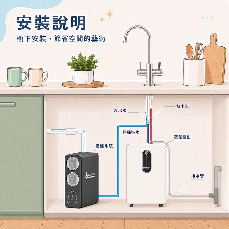 廚下安裝示意圖,展示 Aqua-Win 淨水過濾系統與加熱主機安裝於流理台下方,包含冷出水、熱出水、熱桶進水、蒸氣排出與排水管配置,節省廚房檯面空間。