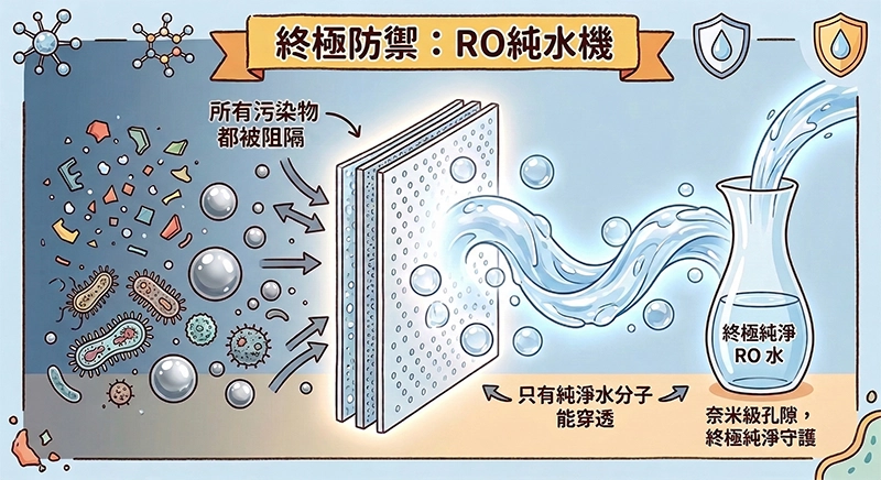 微塑膠難以去除的示意圖,說明煮沸無法消除微塑膠,手動濾水方式也難以完全過濾水中的塑膠微粒。