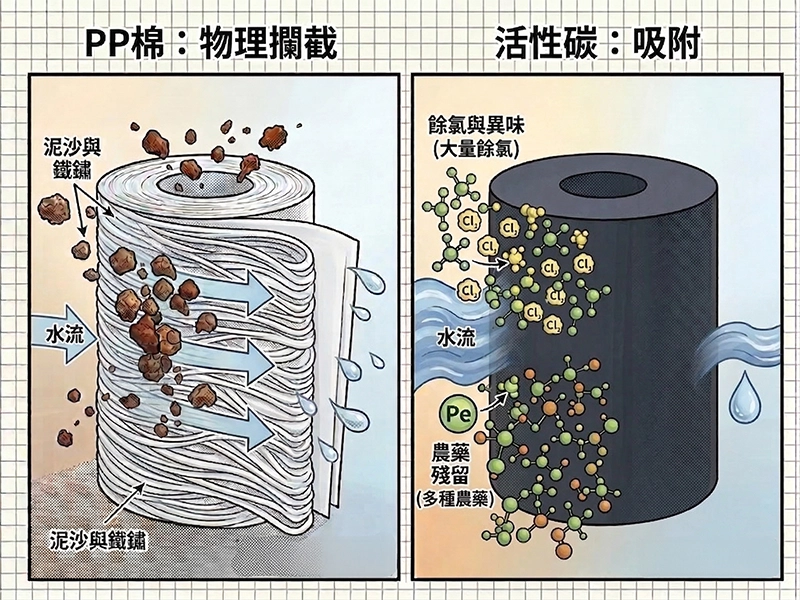 淨水器濾心原理:PP棉物理攔截與活性碳化學吸附