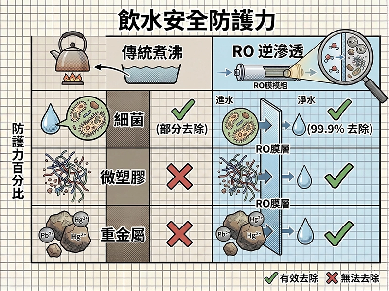傳統煮沸與RO逆滲透對污染物去除率對照表