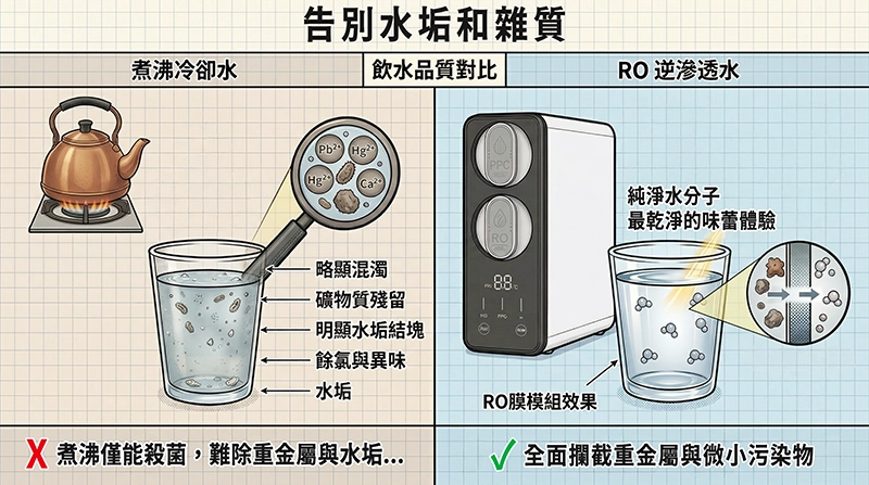 煮沸冷卻水與RO逆滲透水質品質對比