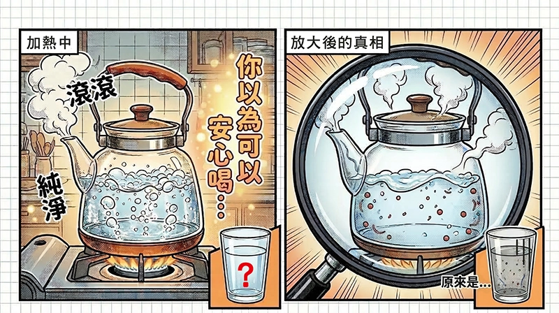 自來水加熱燒開與放大鏡下的水中雜質示意圖