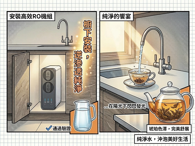 廚下式RO逆滲透純水機安裝與純淨茶飲生活示意圖
