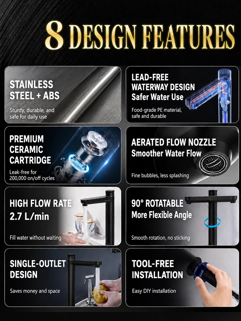 Single outlet water purifier faucet with stainless steel and ABS material, lead-free waterway, ceramic cartridge, high flow rate, and tool-free installation