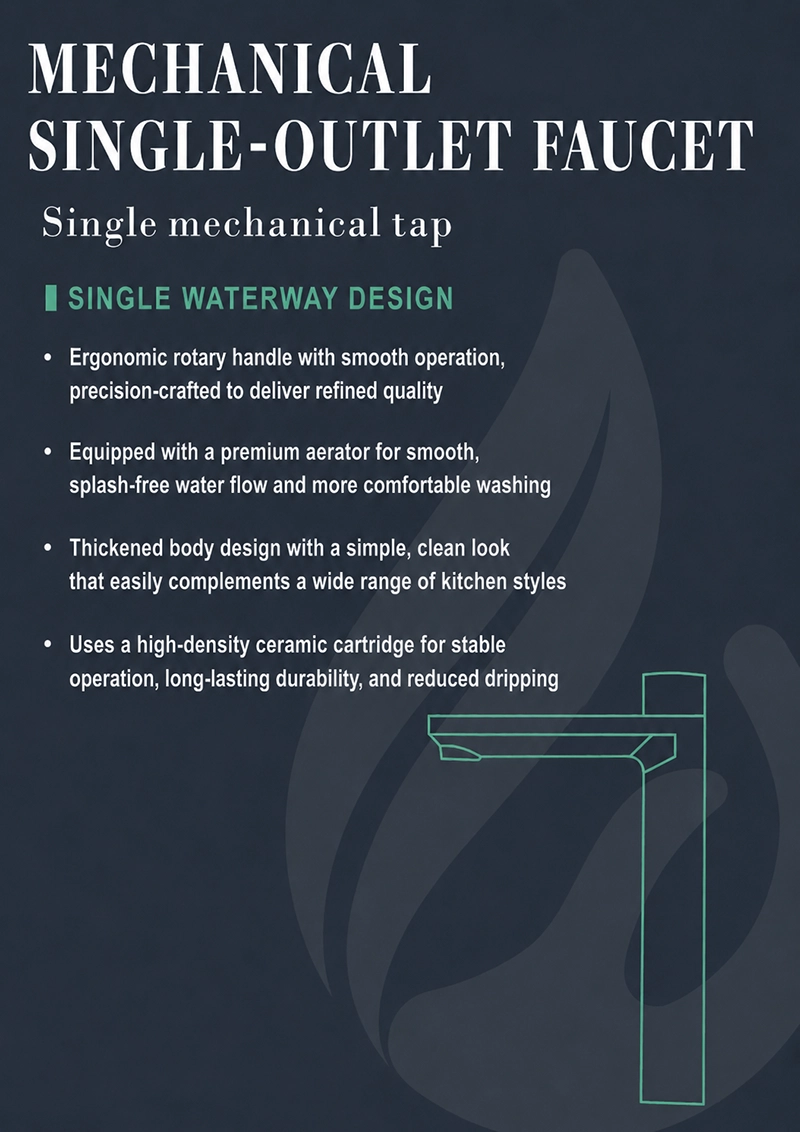 Mechanical single outlet faucet with single waterway design, ceramic cartridge, aerated nozzle, and smooth operation