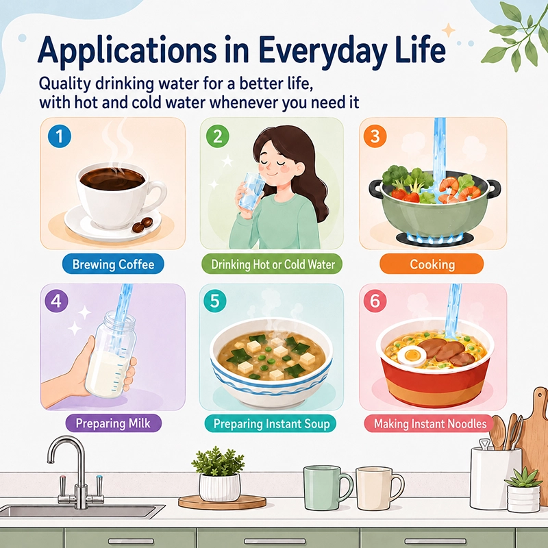 Everyday hot and cold water applications with kitchen faucet illustration