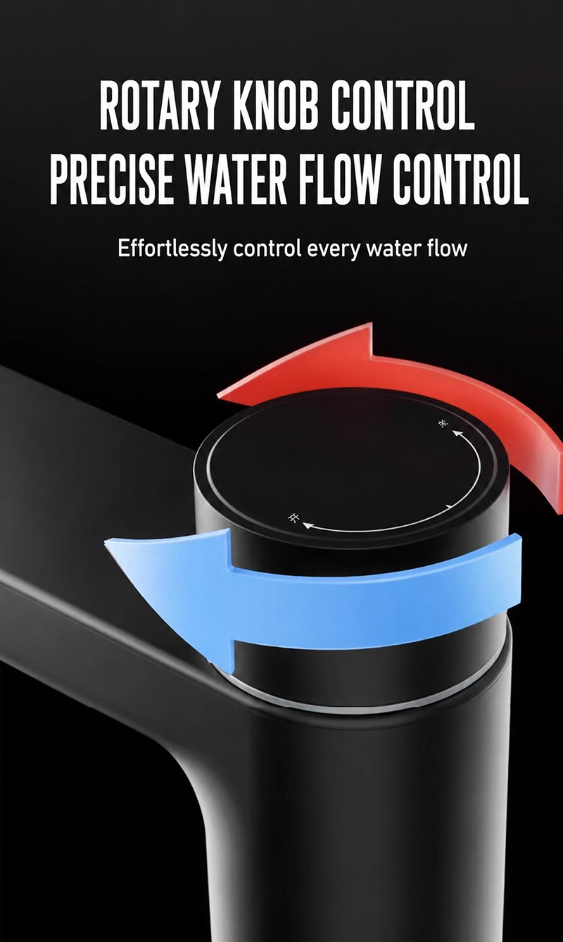 Dual outlet water purifier faucet with rotary knob control for precise and smooth water flow adjustment